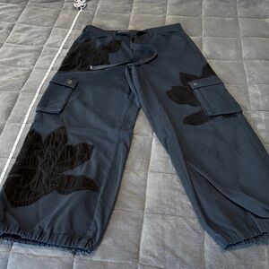 Pilcro Dark Blue Cargo Pants with Floral Black Design